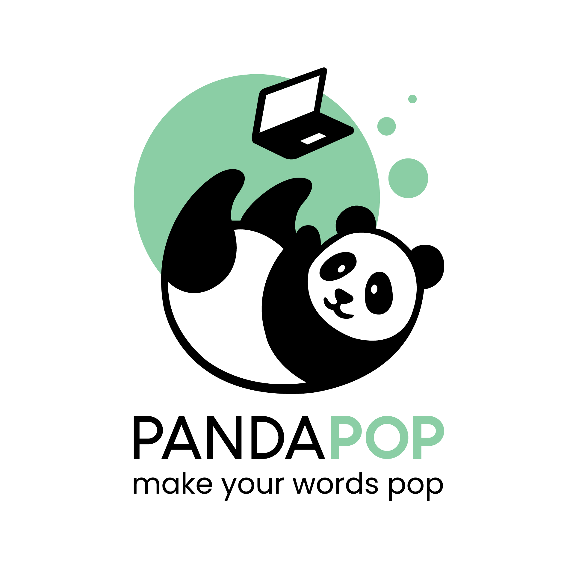 Logo de l’agence Panda Pop, représentant un panda stylisé accompagné de la légende 'make your words pop' – agence de rédaction web et copywriting.